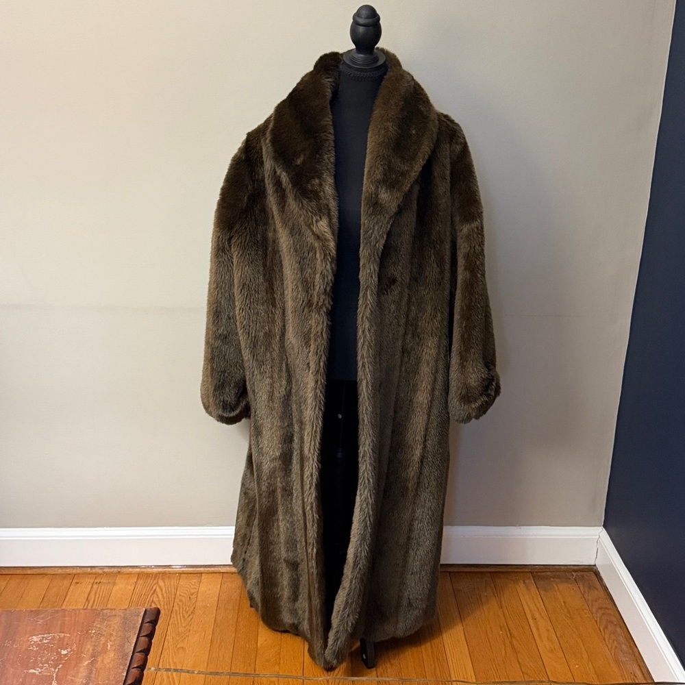 Vintage Faux mink Fur Coat Full Length Brown Shawl Collar Size 16 Glam 80s USA - Picture 4 of 9